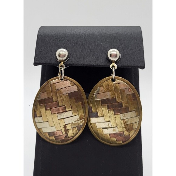 Silver Copper and Brass 1" Wide Basket Weave Cuff Bracelet and Matching Earrings - Picture 5 of 10